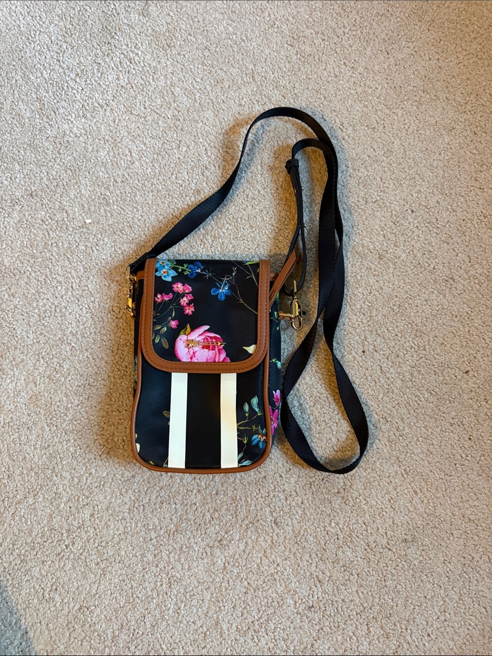 Stella & Dot Black Floral Crossbody with Brown Trim and Cream Stripes